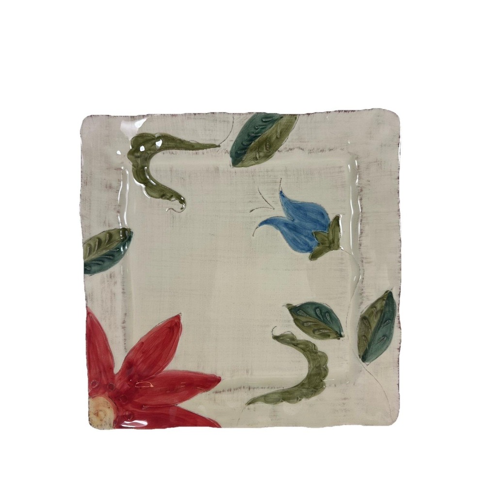 Artimino Portofino Square Plate Cream Red Blue Green Flowers 11" Italy